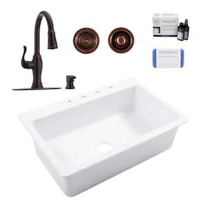 Jackson 33 in. 4-Hole Drop-In Single Bowl Crisp White Fireclay Kitchen Sink with Maren Bronze Faucet Kit