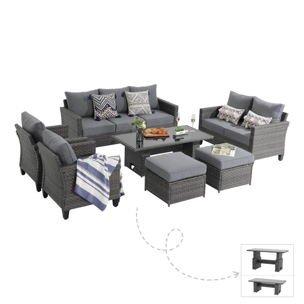 7-Piece Wicker Grey Outdoor Conversation Set with Lift Coffee Table and Ott