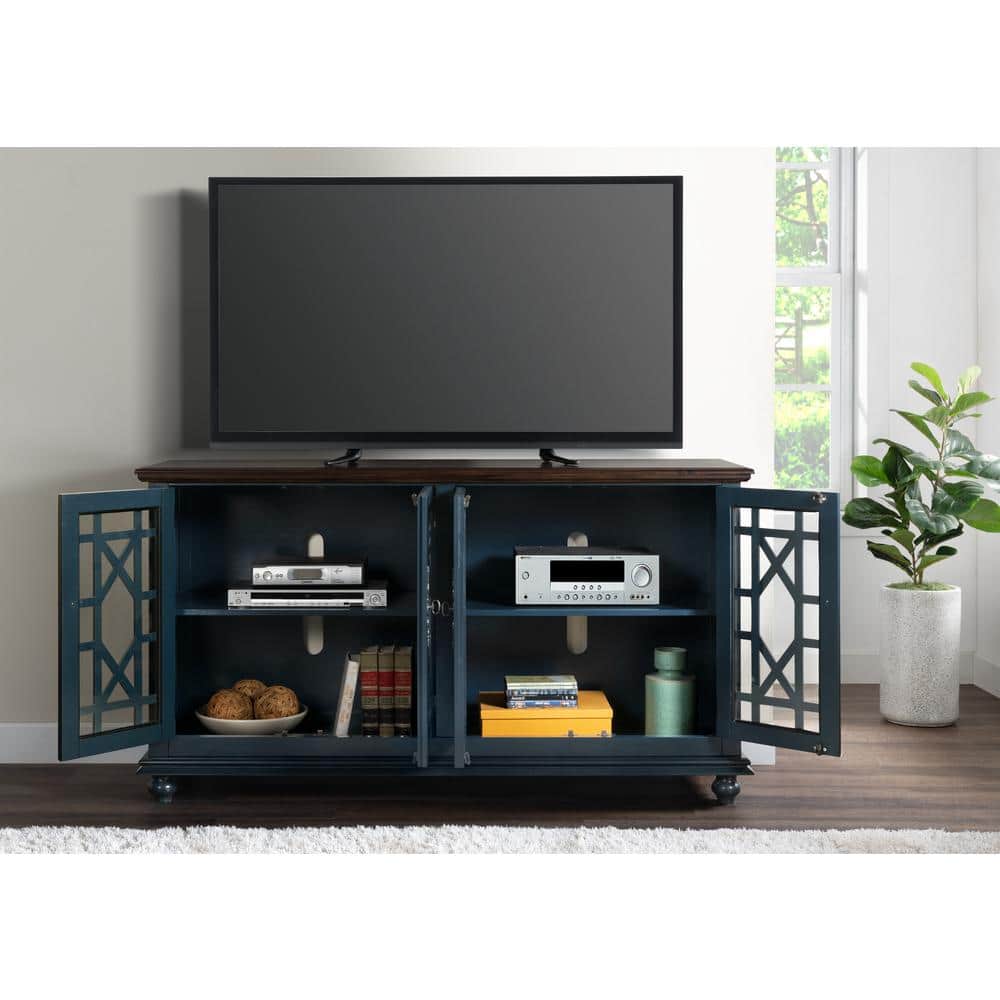Antique Blue and Walnut 63" TV Stand with Cabinets