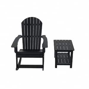 Vineyard 2-Piece Black Adirondack Chair Outdoor Patio Rocking with 2-Tier Side Table