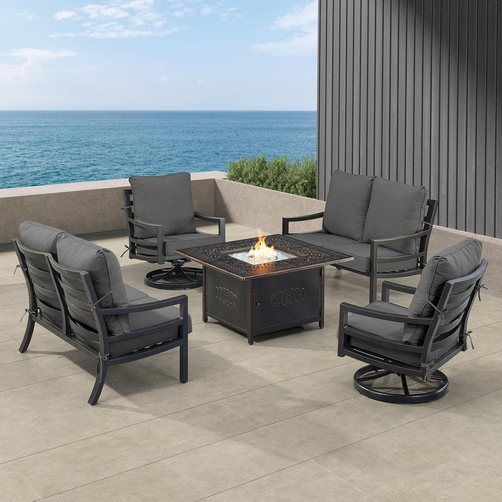 Black 6-Piece Aluminum Patio Fire Pit with 2-Deep Seating Loveseat and 2-Club Chairs Black Cushions price history on PriceWatchPro