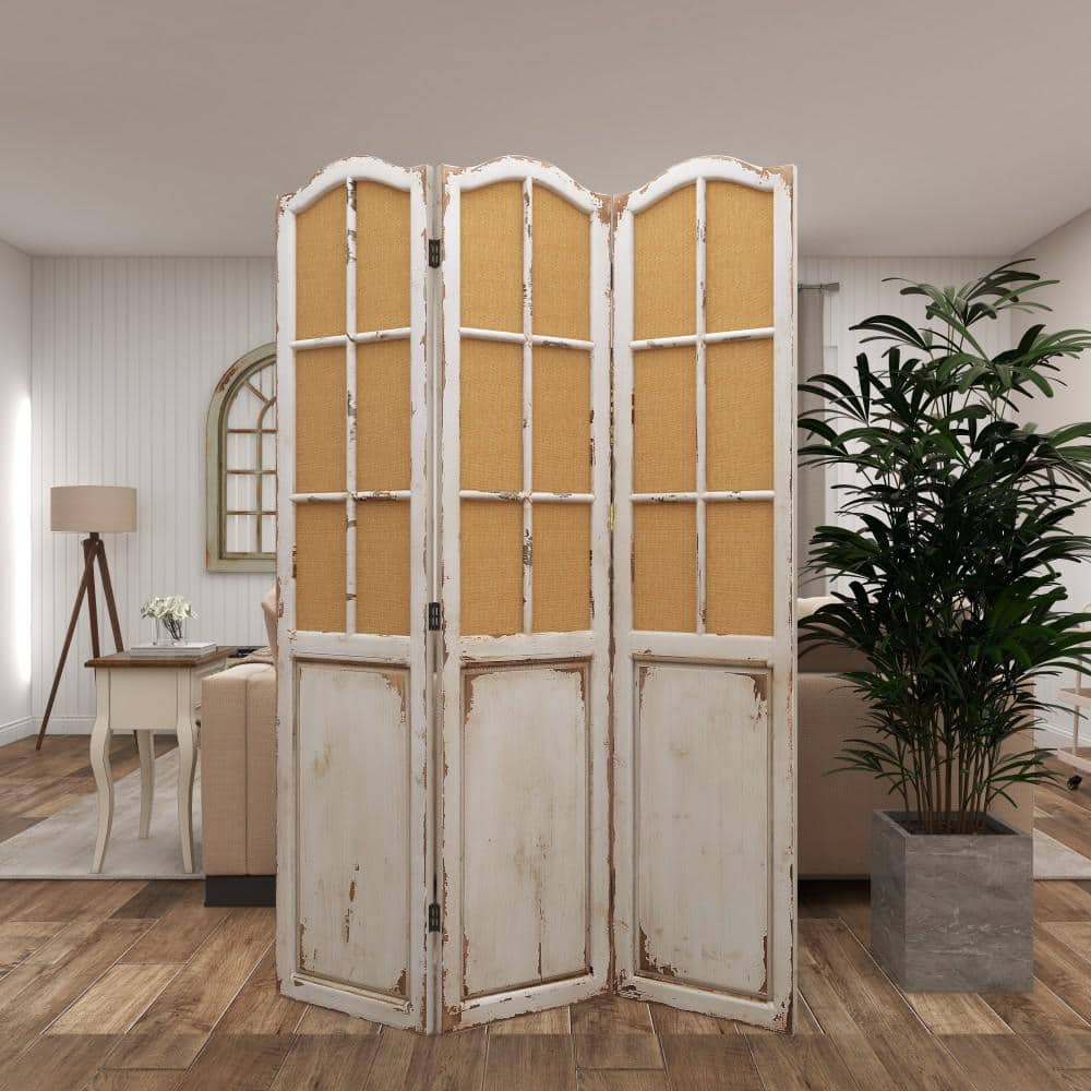 Beige and White Fir Wood Triple Panel Folding Privacy Screen