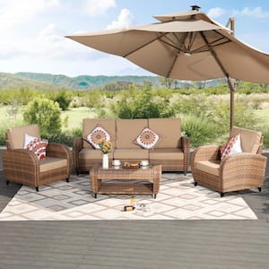 High-end Brown 6-Piece Wicker Patio Conversation Deep Seating Set with Brown Cushions and Coffee Table