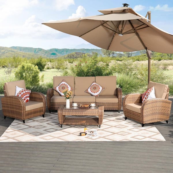NICESOUL High-end Brown 6-Piece Wicker Patio Conversation Deep Seating Set with Brown Cushions and Coffee Table