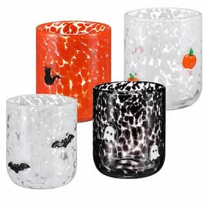 Halloween Embossed Glass Cups 16 oz. Pumpkin Ghost Bat Cat Pattern Tumblers Party Drinking Glassware Gift Set of 4
