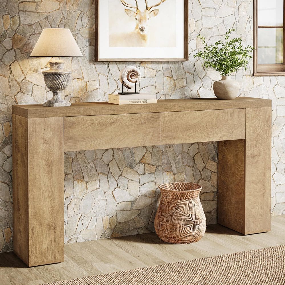 BYBLIGHT Turrella 63 in. Light Brown Rectangle Entryway Table with 2 ...
