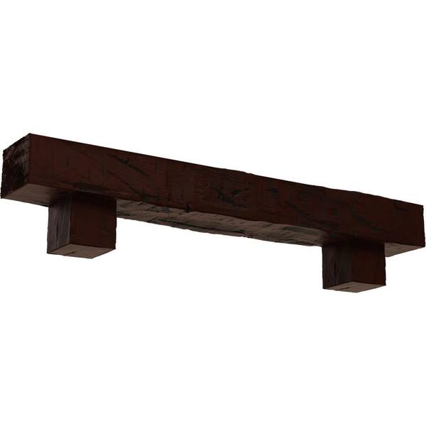 Ekena Millwork 4 in. x 8 in. x 4 ft. Hand Hewn Faux Wood Fireplace Mantel Kit, Alamo Corbels, Natural Pecan