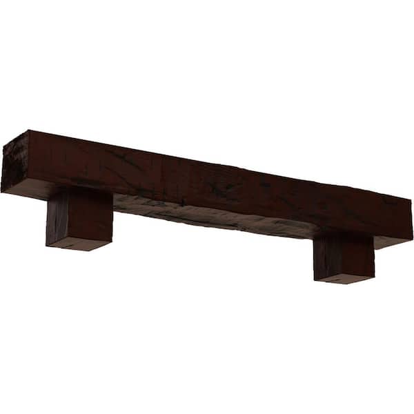 Ekena Millwork 6 in. x 6 in. x 6 ft. Hand Hewn Faux Wood Fireplace Mantel Kit with Alamo Corbels, Natural Pecan