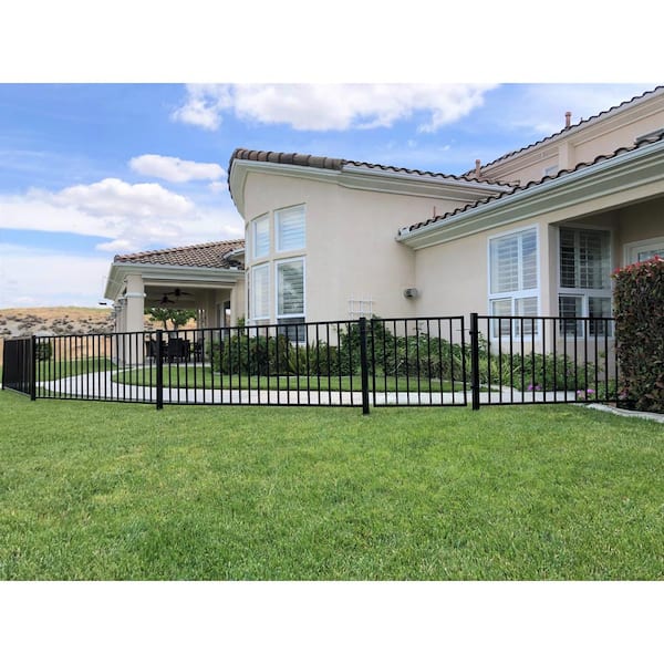 2.67 ft. x 64 ft. Black Ornamental Space Bar Flat Metal Fence Panel Kit (8 panels,Posts,brackets,Gate) InGround Install