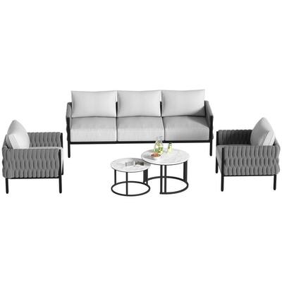 5-Piece Metal 5 Person Seat Outdoor Conversation Sectional Set with Two Round Coffee Table and 6" Gray Cushions