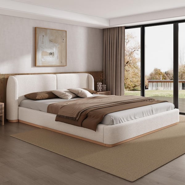 White Wood Frame King Size Boucle Upholstered Wingback Headboard Platform Bed with Solid Wood Base