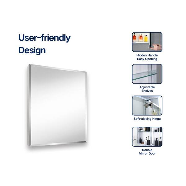 Modern 24 in. W x 30 in. H Silver Rectangular Aluminum Frameless Wall Mount or Recessed Medicine Cabinet with Mirror