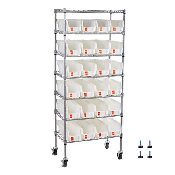 7-Tier Rolling Bin Storage Rack, 24 Small Bins, Bin Rack Storage Steel Wire Shelving System, Mobile Tool Organizer
