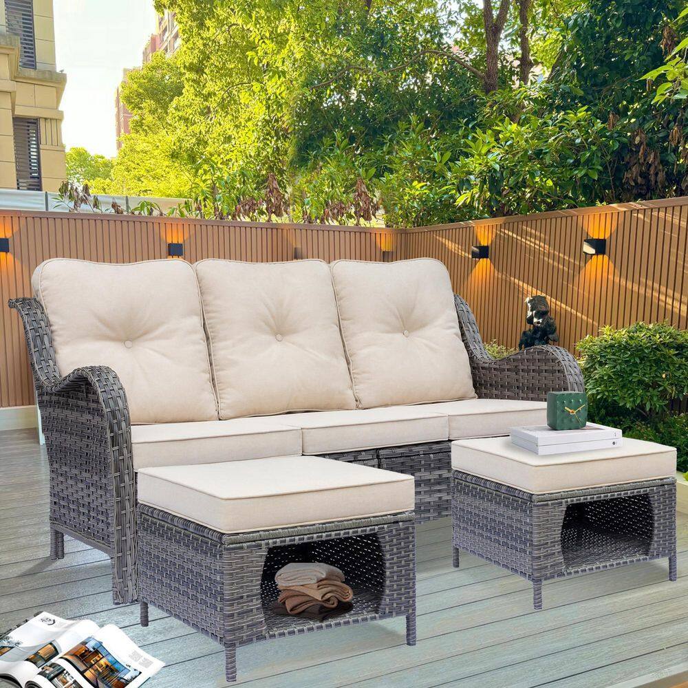 Gray 3-Pieces Wicker Outdoor Conversation Set Sofa Couch and Ottoman with Beige Cushions price history on PriceWatchPro