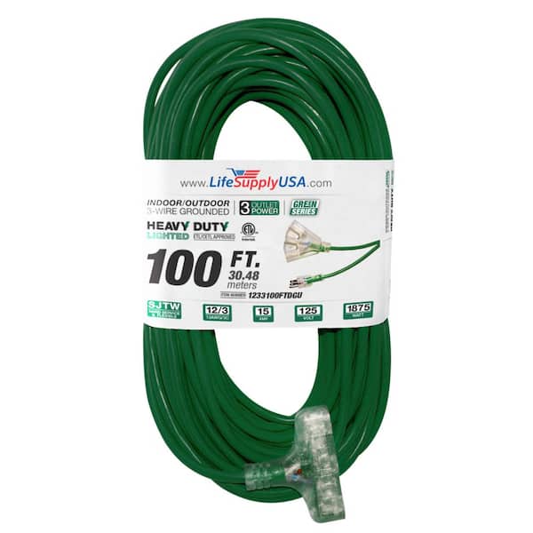 LifeSupplyUSA 100 ft. 12/3 3-Outlet 15 Amp 125-Volt 1875-Watt SJTW Dark Green Indoor/Outdoor Heavy-Duty with Lighted End ExtensionCord