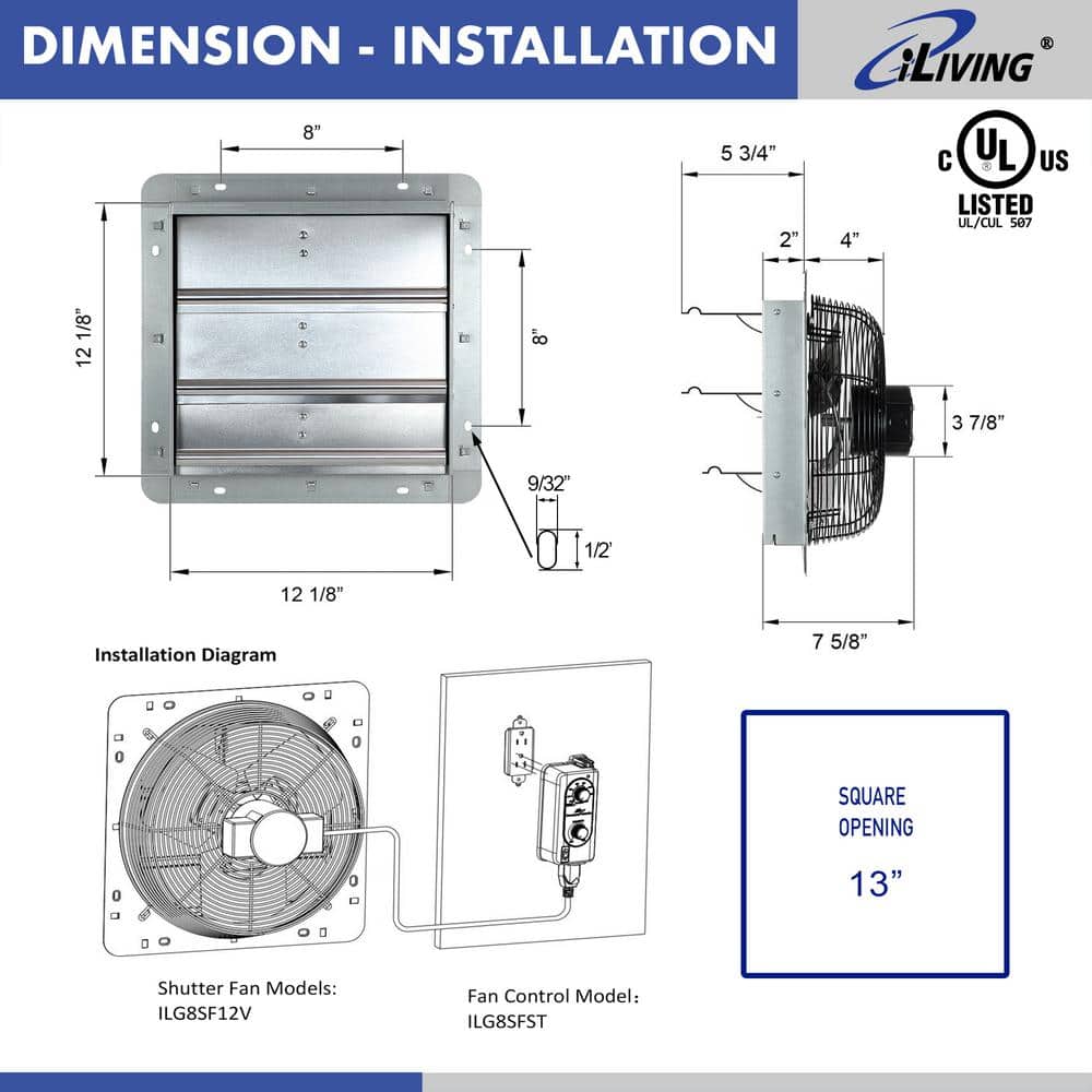 12" Silver Wall Mounted Shutter Exhaust Fan with Thermospeed Controller