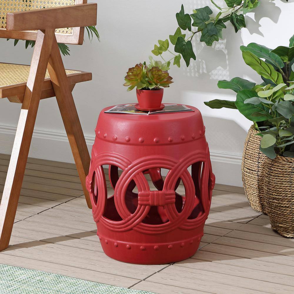 Matte Red 16" Ceramic Drum Garden Stool with Lucky Coin Symbols