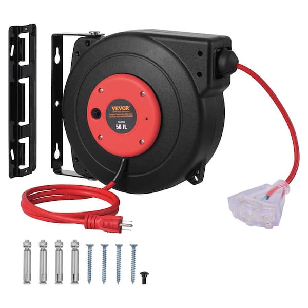 VEVOR 50 ft. 14/3 13 Amp Retractable Extension Cord Reel Heavy Duty SJTOW Cord Reel with Lighted Triple Tap Outlet