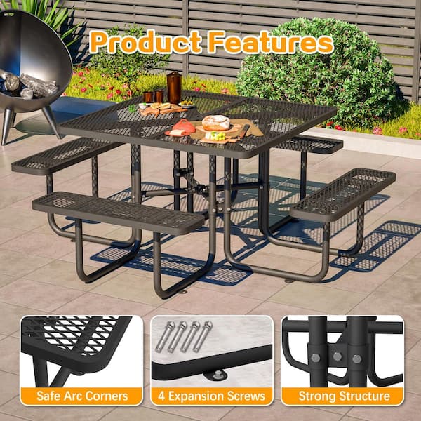 Hohuqeri 78.74 in. Black Square Steel Picnic Table Seats 4-8