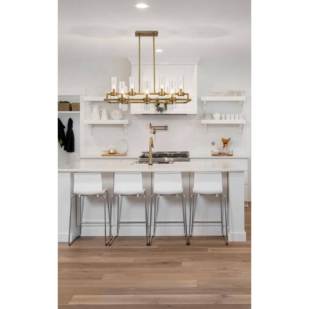 Datus 42.5" Rubbed Brass 10-Light Chandelier with Clear Glass Cylinders