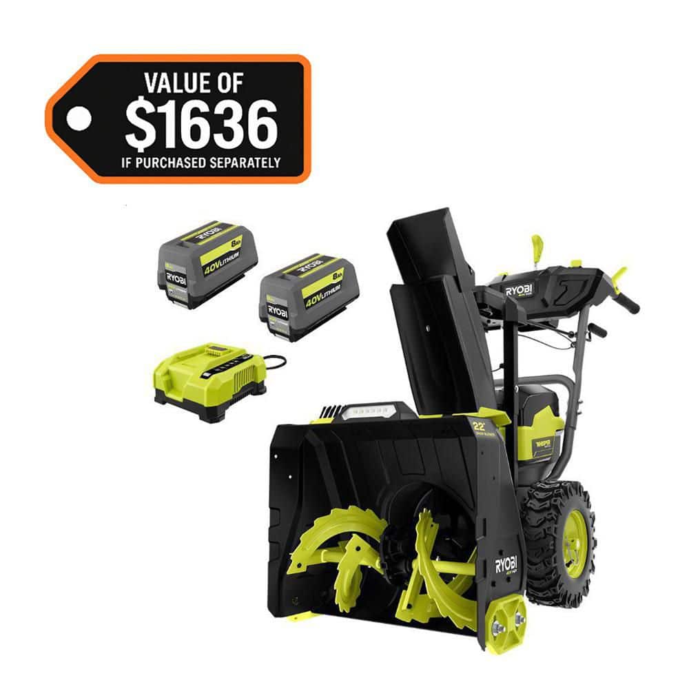 RYOBI 40V HP Brushless Whisper Series 22 2-Stage Cordless Electric Self-Propelled Snow Blower - (2) 8 Ah Batteries & Charger RY408150 - The Home Depot