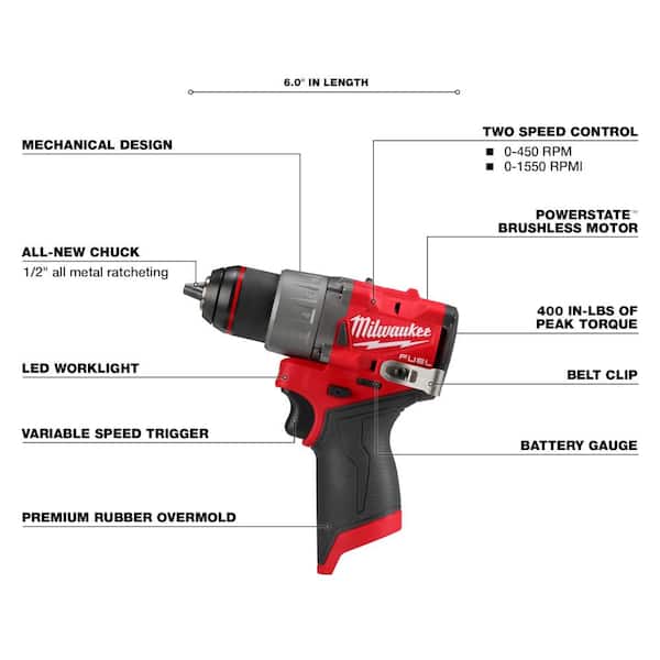 Milwaukee 3403-20 M12 FUEL 12V Lithium-Ion Brushless Cordless 1/2 in. Drill Driver (Tool-Only) - 3