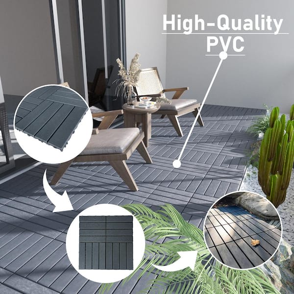 12 in.W x 12 in. L Outdoor Striped Pattern Square Plastic PVC Interlocking Flooring Deck Tiles (Pack of 44 Tiles)in Gray