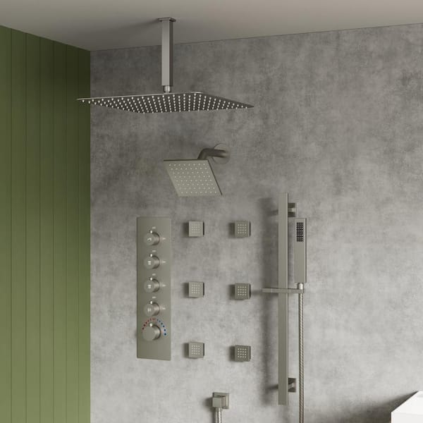 YAWWALK Thermostatic Valve 15-Spray 16 and 6 in. Ceiling Mount Dual Shower Head and Handheld Shower in Brushed Nickel