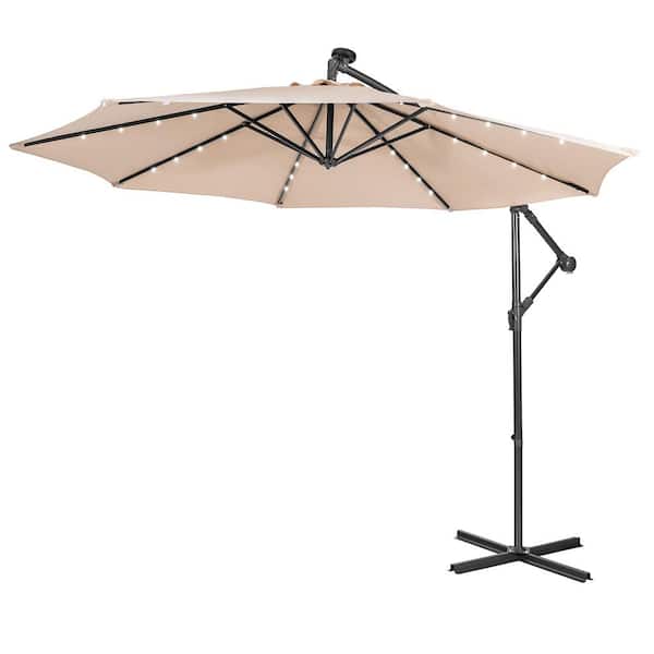 Costway 10 ft. Steel Cantilever Solar Powered 32 LED Lighted Patio Umbrella in Beige