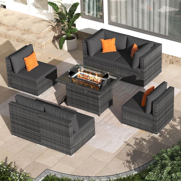 FINCATI Gray 7-Piece Wicker Patio Conversation Set Deep Sectional Set with Fire Table Charcoal Cushions without Ottoman