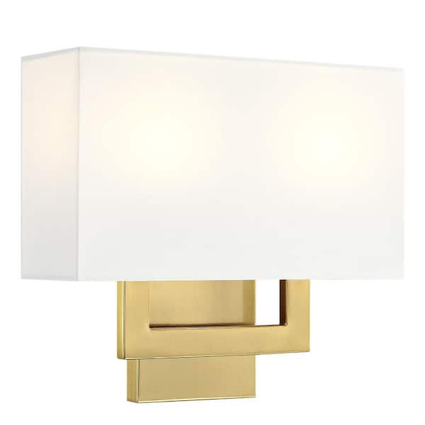 Celina 13 in. 2-Light Brass Wall Sconce Light With White Shade