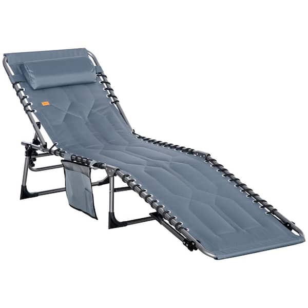 Otryad Metal 6-Level Folding Outdoor Chaise Lounge Chair with Gray Cushion, Reclining Camping Tanning Chair with Headrest