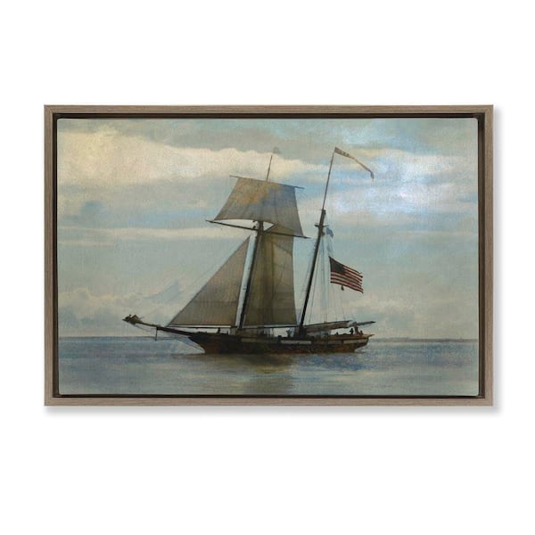 Stupell Industries Classic Ship with Flag by Graffi tee Studios Brown Floater Frame Typography Graphic Art Print 17 in. x 25 in.
