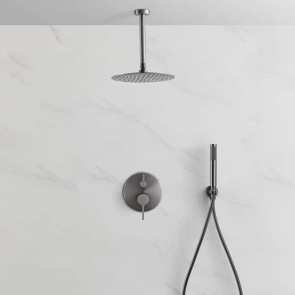 Round 2-Spray Patterns Balance Valve Shower Faucets Set 2.5 GPM 10 in. Ceiling Mount Dual Shower Heads in PVD Black