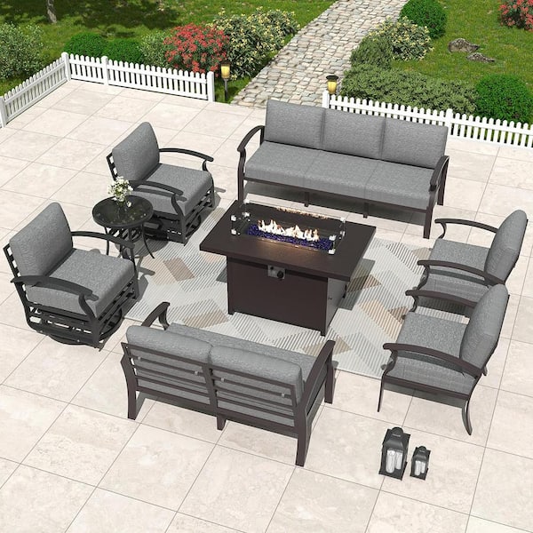 Halmuz 9-Seat Aluminum Patio Conversation Set with armrest, Firepit Table, Swivel Rocking Chairs and Grey Cushions