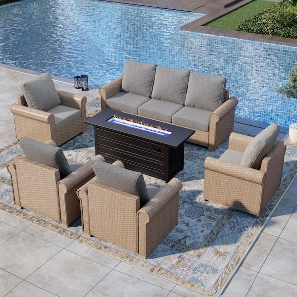 PHI VILLA 6-Piece Wicker Rectangle Patio Fire Pit Conversation Set with Gray Cushions