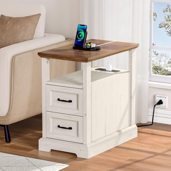 Farmhouse 13.78 in. Rustic White Rectangle Particle Board End Table with Outlets, 2 Drawers and Open Shelf