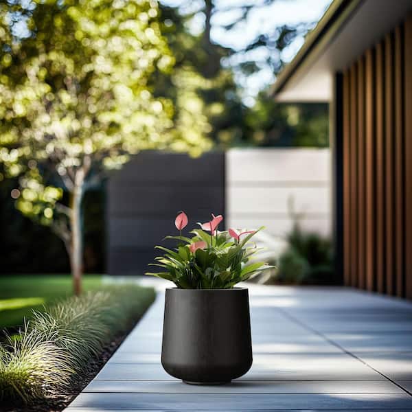Morrava 13 in. Medium Bronzed Black Concrete Round Planter / Pot with Drainage Holes