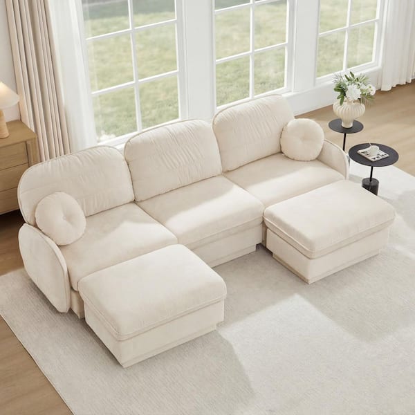 Katrina 105.1 in. Flared Arm Chenille U-Shaped Sectional Sofa in Cream Beige with Round Pillows, 2 Ottomans