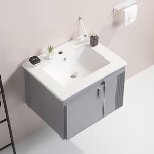 24 in. W x 18.2 in. D x 15.5 in. H Single Sink Wall Mounted Float Bath Vanity in Grey with White Ceramic Top and Cabinet