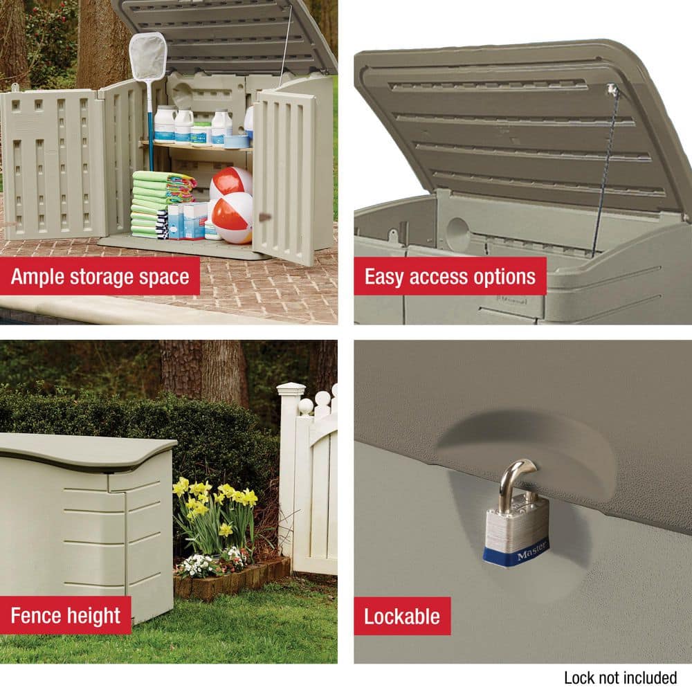 Beige and Gray Resin Horizontal Storage Shed with Shelving