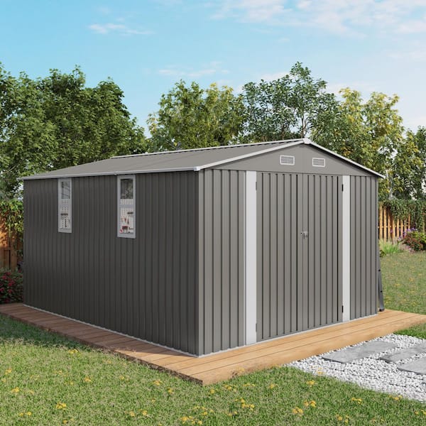 Gray 10 ft. W x 12 ft. D Metal Shed with Lockable Door, Air Vent, Two Windows(120 sq. ft. )