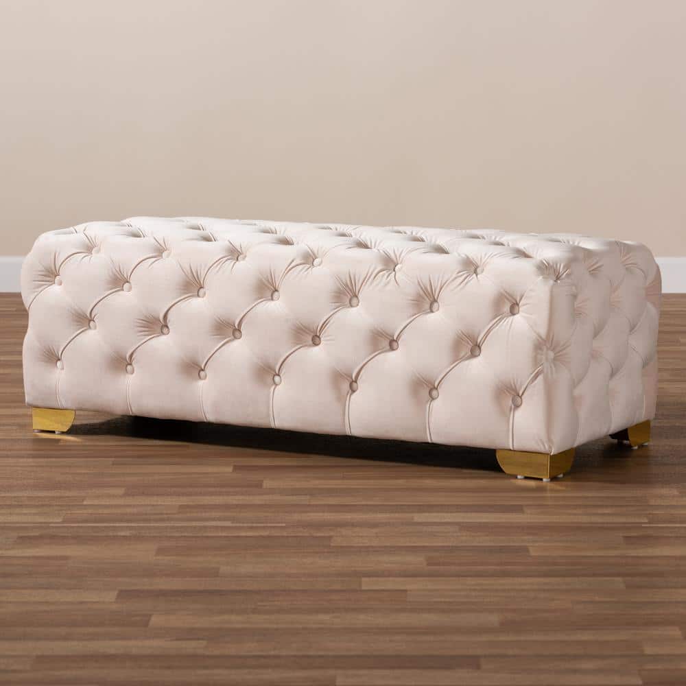 Luxurious Beige Velvet 48" Square Tufted Gold-Legged Ottoman