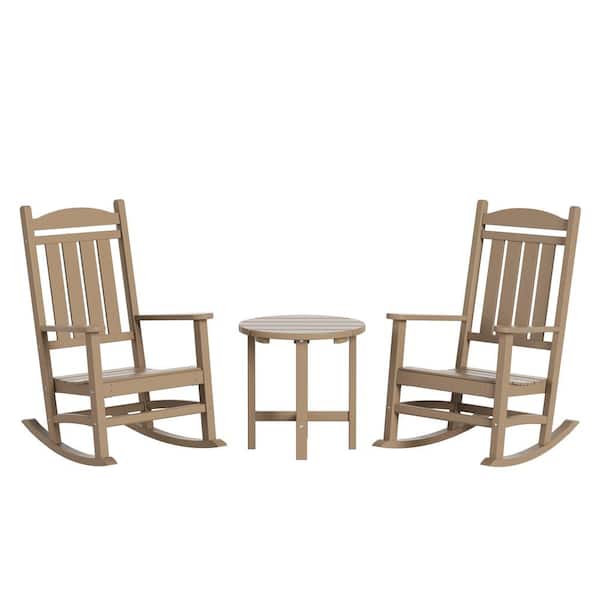 Laguna 3-Piece Classic Outdoor Patio Fade Resistant Plastic Rocking Chairs and Round Side Table Set in Weathered Wood