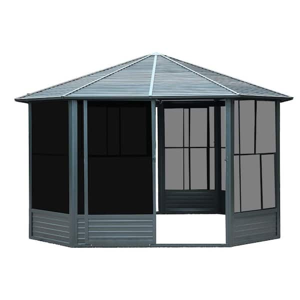 12 ft. x 12 ft. Dark Gray Outdoor Gazebo with Lockable Sliding Door