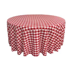 132 in. White and Red Polyester Gingham Checkered Round Tablecloth