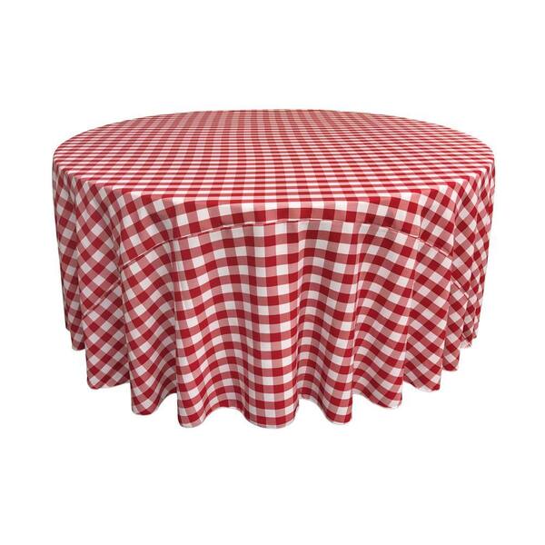 132 in. White and Red Polyester Gingham Checkered Round Tablecloth