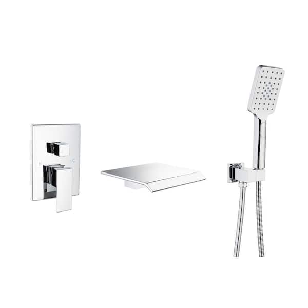 Tahanbath Single-Handle Waterfall Tub Faucet Wall Mount Roman Tub Filler with Hand Shower in Polished Chrome