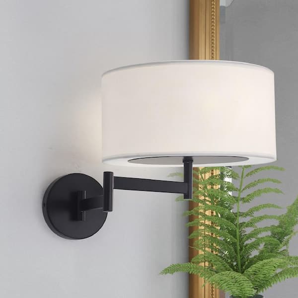 Modern 2-Light Black Swing Arm Wall Lamp with white drum Fabric Shade