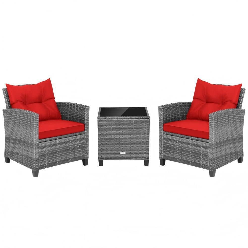 3-Piece Wicker Patio Conversation Set with Red Cushions and Tempered Glass Tabletop price history on PriceWatchPro